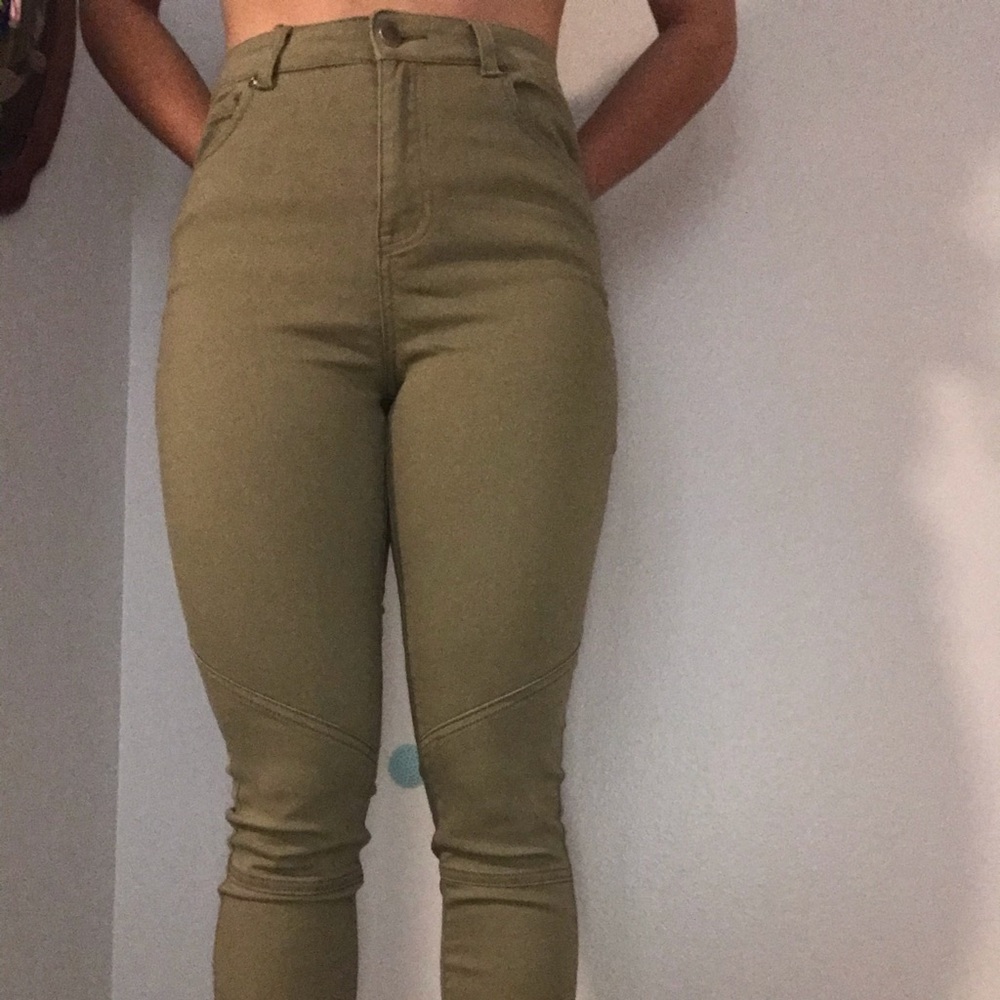 Green high rise skinny pants